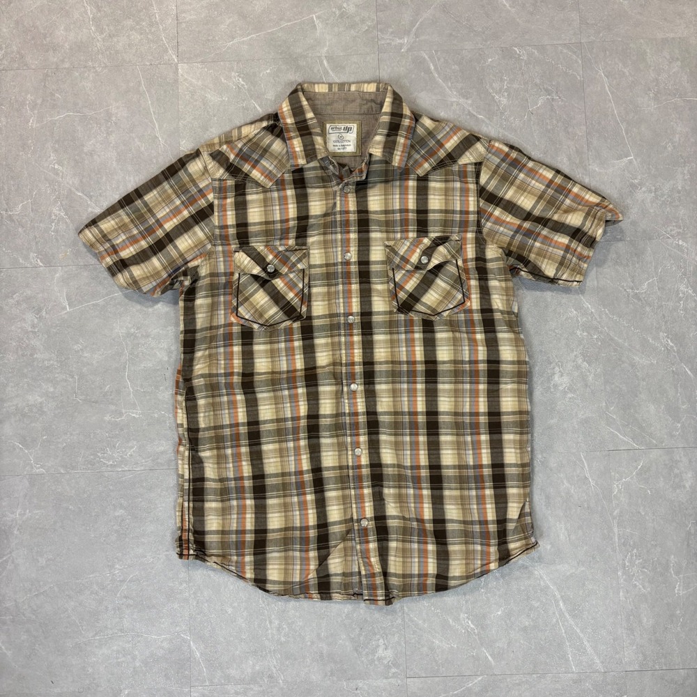 Urban Pipeline Mens Brown Plaid Short Sleeve Western Pearl Snap Shirt Medium